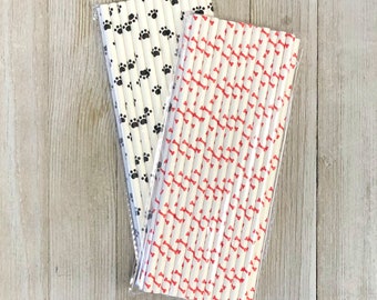 50 Paw Print and Dog Bone Paper Straws - Red Black and White Puppy Party Supply - Dog Party Goods - Disposable Biodegradable Paper Goods
