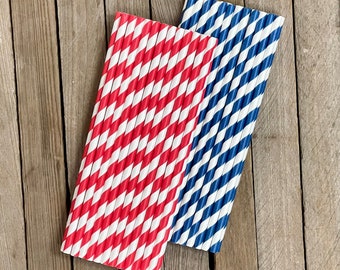 50 Red White and Blue Stripe Paper Straws - Patriotic Party Supplies - 4th of July Paper Goods - Stripe Straws - Free Shipping - 50 Pack