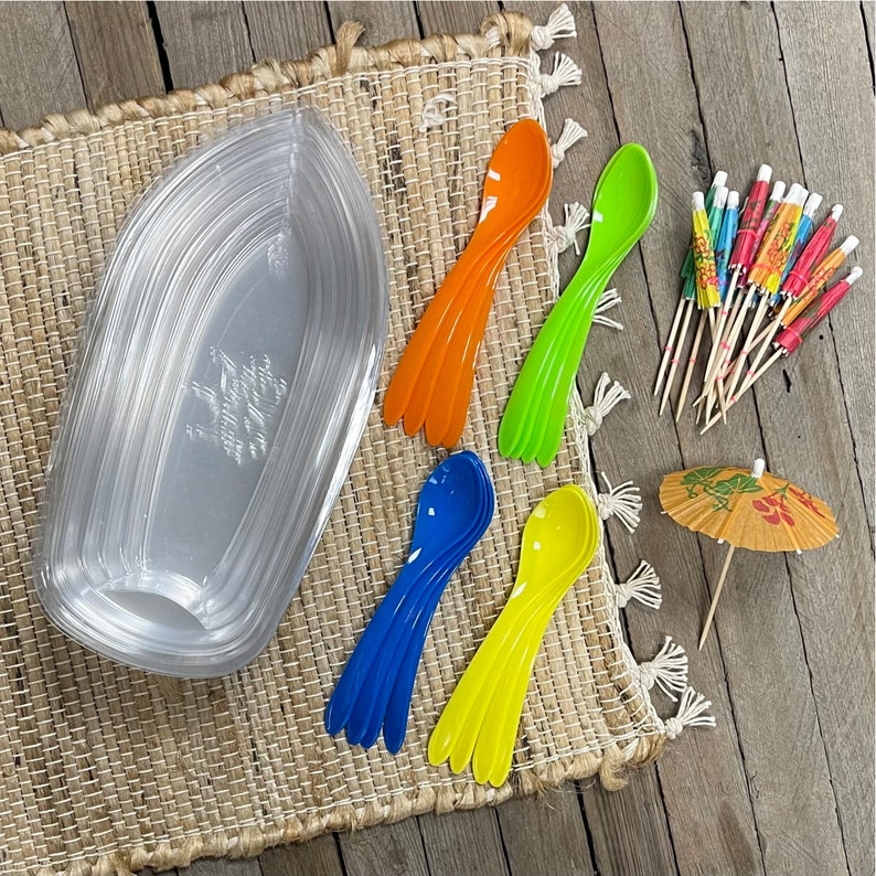 16 Clear Banana Split Boats/Dishes 12 Ounces , Ice Cream Party, Dessert Bar with Eco Friendly Plastic Spoons, Paper Umbrellas image 1