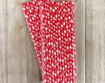 50 Red and White Christmas Paper Straws - Snowflake Holiday Straws - Christmas Party Supply - Cake Pop Sticks - Party Goods