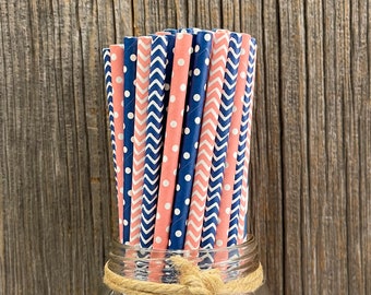 100 Navy Blue and Pink Straws, Baby Shower, Birthday Party Supply , Chevron and Polka Dot Straws , Disposable Biodegradable