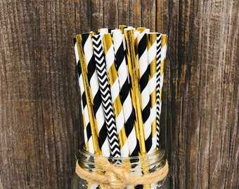 100 Black and Gold Foil Straws, Gold Straws, Chevron and Stripe Paper Straws, Birthday Party, Wedding Supply,  Gala Party Goods