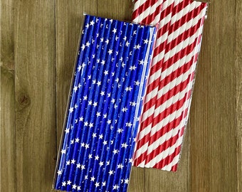 50 Red White and Blue Foil Paper Straws - Stars and Stripes - Patriotic Party Goods - Free Shipping