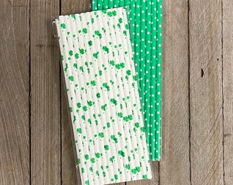 Green and White Shamrock Paper Straws - Polka Dot Paper Straws - St Patrick's Day Party Supply - Cake Pop Sticks - 50 Pack