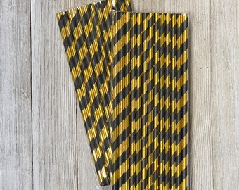 50  Black and Gold Foil Paper Straws - Stripe Straws - Wedding Birthday Anniversary Supply - Free Shipping
