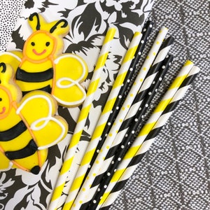 100 Black and Yellow Stripe and Polka Dot Paper Straws, Bee Themed Party, Picnic Supply, Birthday Party, Baby Shower Supply, Disposable image 5