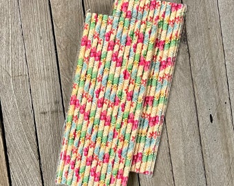 50 Tropical Floral Paper Straws - Pink Yellow Green  Blue Floral Straws - Hawaiian Luau Party Supply - Disposable Straws - Free Shipping