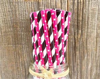 100 Diva Themed Paper Straws, Stripe and Chevron Straws, 100 Birthday Straws, Pink Baby Shower, Wedding Supply, Hot Pink Black and White