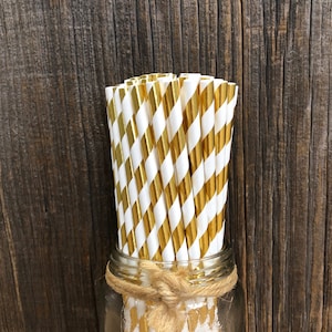 100 Gold Foil Stripe Paper Straws, Birthday Party, Picnic, Shower Supply, Wedding Supply,  Biodegradable, Compostable, Cake Pop Sticks