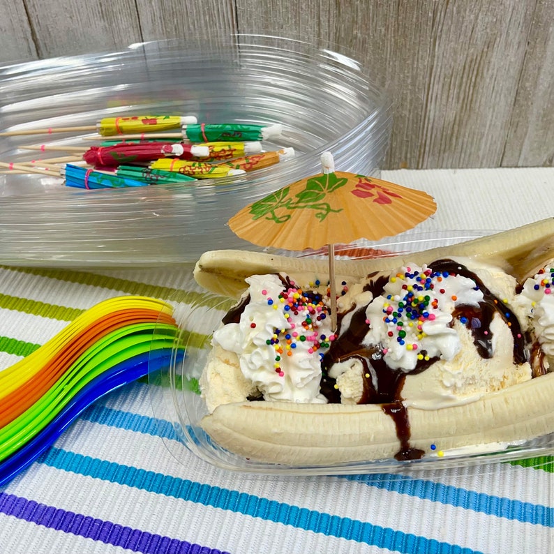 16 Clear Banana Split Boats/Dishes 12 Ounces , Ice Cream Party, Dessert Bar with Eco Friendly Plastic Spoons, Paper Umbrellas image 6