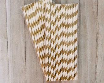 Gold Straws, 50 Stripe Straws, Gold Birthday Party,  Paper Party Straws, Baby Shower, Wedding Supply,  Eco Friendly!