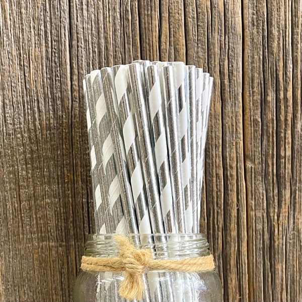 50 Silver and White Foil Paper Straws - Stripe  Paper Straws - Solid Silver Foil Paper Straws - Wedding Anniversary Holiday Party Supply