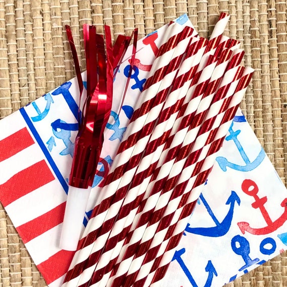 Strawberry Pattern Paper Straws - Pink Red Green - 7.75 Inches - 50 Pack