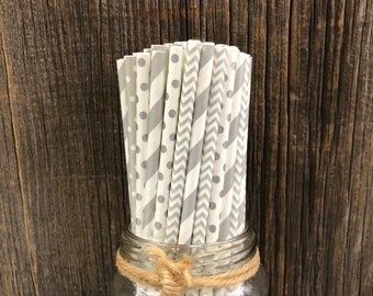 100 Silver Paper Straws - Stripe Chevron Polka Dot - Anniversary, Birthday, Wedding, Bridal Shower Party Supply -Biodegradable