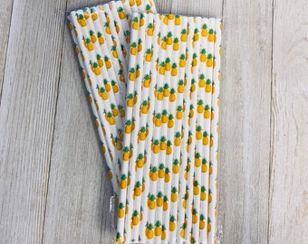 50 Pineapple Theme Paper Straws, Luau Party Supply, Green and Yellow Party Goods, Picnic Supply, Tableware, Disposable Straws