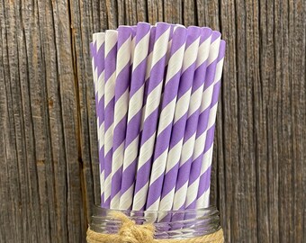 100 Lilac Lavender Paper Straws - Striped Paper Straws - Wedding Birthday Baby Shower Supply - Cake Pop Sticks - Free Shipping