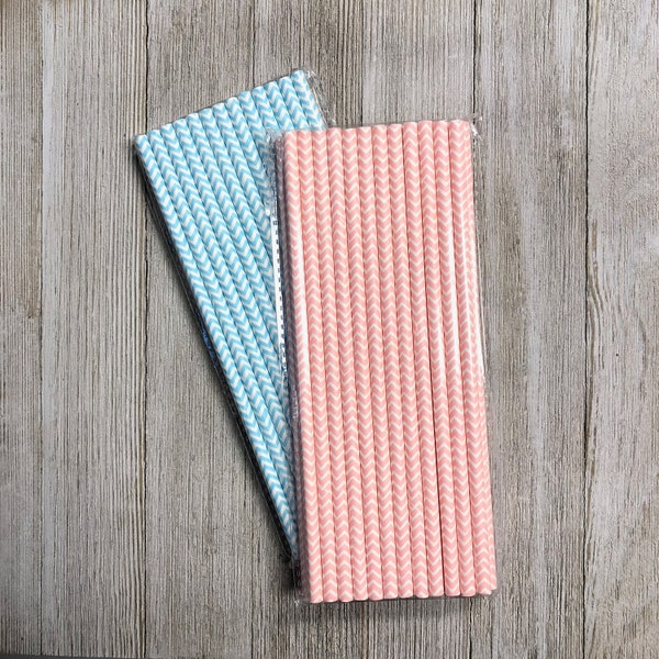 50 Pink and  Light Blue Chevron Paper Straws, Baby Shower, Paper Party Supply, Gender Reveal , Disposable Biodegradable