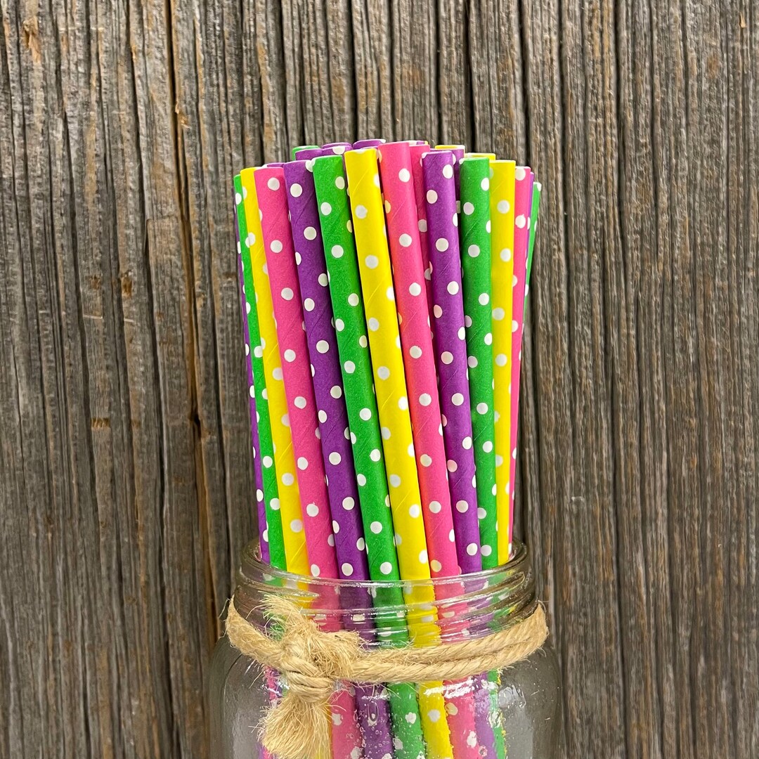 Polka Dot Paper Straws Purple Hot Pink Yellow Green and White Paper