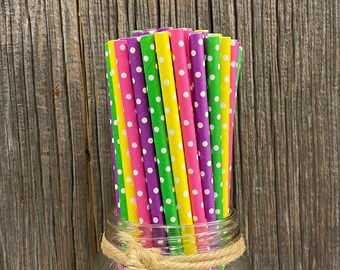 Polka Dot Paper Straws - Purple Hot Pink Yellow Green and White Paper Straws - Easter Summer Pool Party or Birthday Party Supply - 100 Pack