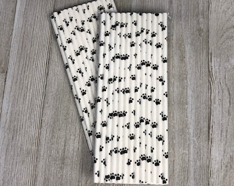 50 Paw Print Paper Straws, Black Dog Straws, Puppy Birthday Straws, Free Shipping