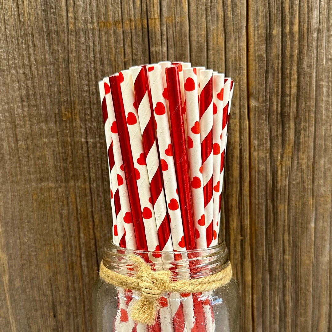 100 Red Heart Straws , Red Foil Stripe, Valentine, Party Supply, Picnic