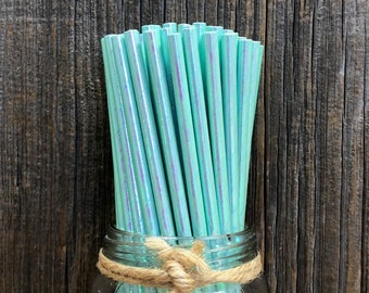 100 Iridescent Straws, Baby Shower, Wedding, Birthday Supply, Paper Party Straws, Blue Green Iridescent