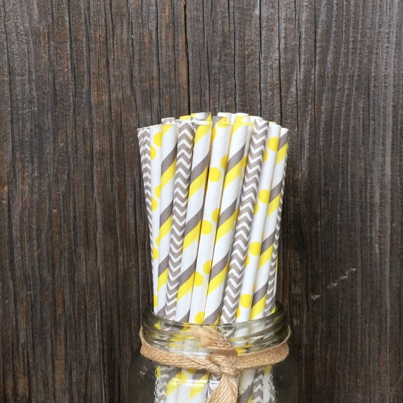 100 Yellow Gray Paper Straws Wedding Decor Baby Shower Etsy