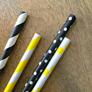 100 Black and Yellow Stripe and Polka Dot Paper Straws, Bee Themed Party, Picnic Supply, Birthday Party, Baby Shower Supply, Disposable image 2