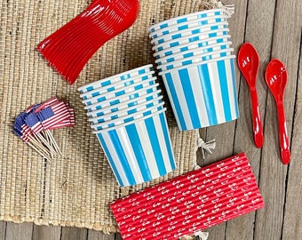 Red White and Blue Ice Cream Sundae Kit  - 4th of July Party Supplies - Patriotic Treat Cups Spoons, American Flag Picks, Straws - 16 Each