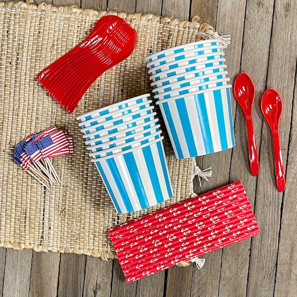 Red White and Blue Ice Cream Sundae Kit  - 4th of July Party Supplies - Patriotic Treat Cups Spoons, American Flag Picks, Straws - 16 Each