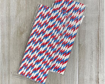 Red White and Blue Paper Straws - Striped Straws - Patriotic Party Supply - Birthday Party Goods - Pack of 50