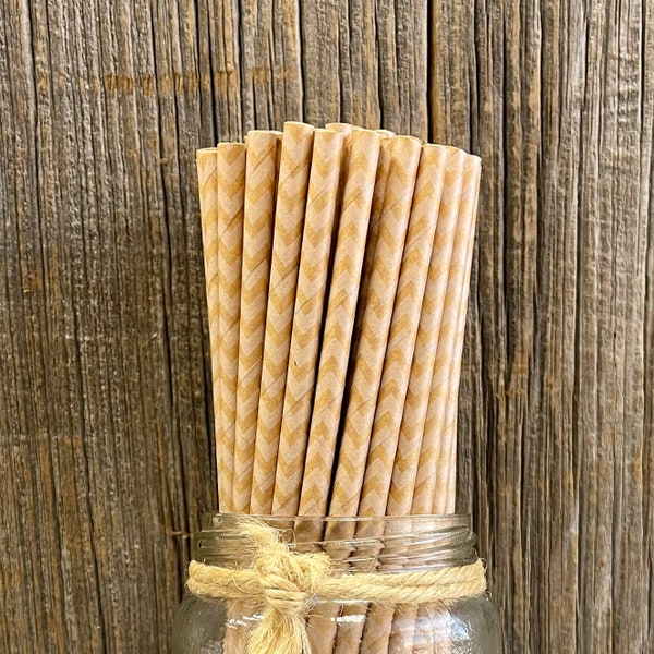 100 Kraft Brown Paper Straws - Chevron Paper Straws -  Fall Party Supply - Thanksgiving Paper Goods - Barn Wedding - 100 Pack -Biodegradable