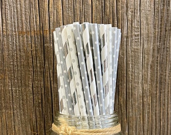 100 Silver Foil and Paper Straws - Stripe Foil Paper Straws - Polka Dot Straws -  Wedding Anniversary Holiday Party Supply - Free Shipping