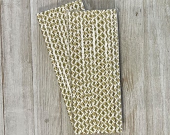 50 Gold Paper Straws - Damask Paper Straws - Wedding Anniversary Holiday Party Supply - Cake Pop Sticks - Gold and White - Free Shipping