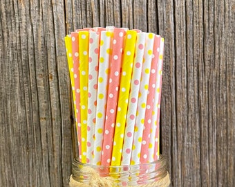 100 Pink and Yellow Polka Dot Straws, Picnic/Luncheon Supply, Bridal or Baby Shower, Birthday Supply, Biodegradable, Compostable