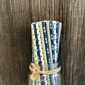 Navy Blue Anchor Straws, 100 Paper Straws, Gold Dot Straws, Navy and Gold, Nautical Party Supply, Wedding Straws, Eco Friendly Biodegradable