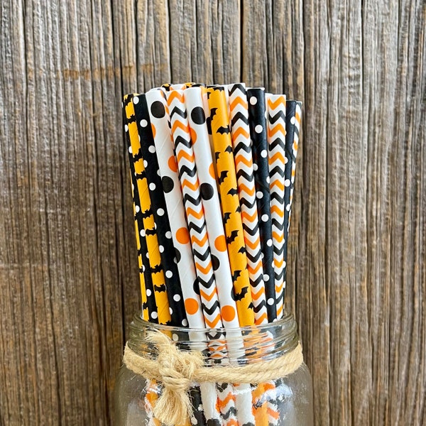 100 Halloween Paper Straws - Bat Paper Straws - Black Orange and White Halloween Party Goods - Disposable- Biodegradable