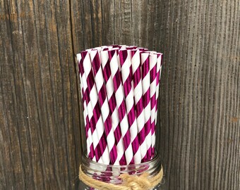 100 Hot Pink Foil Stripe Paper Straws - Foil Drinking Straws - Birthday Party Supply - Disposable Biodegradable Straws - Free Shipping
