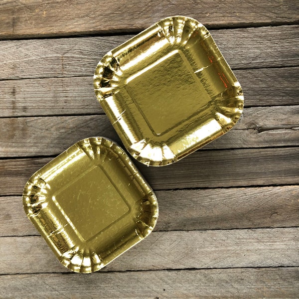 50 Gold Foil Mini Dessert Paper Plates - Heavyweight - 4 x 4 Inches Sqaure Appetizer Plates - Disposable