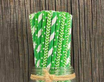 Green Stripe Chevron and Polka Dot Paper Straws - Birthday Christmas St Patrick's Day Party Supply - Free Shipping - Biodegradable