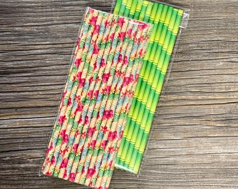 50 Tropical Floral and Bamboo Print Paper Straws - Yellow Green Blue Pink Paper Straws - Hawaiian Luau Party Supply - Free Shipping
