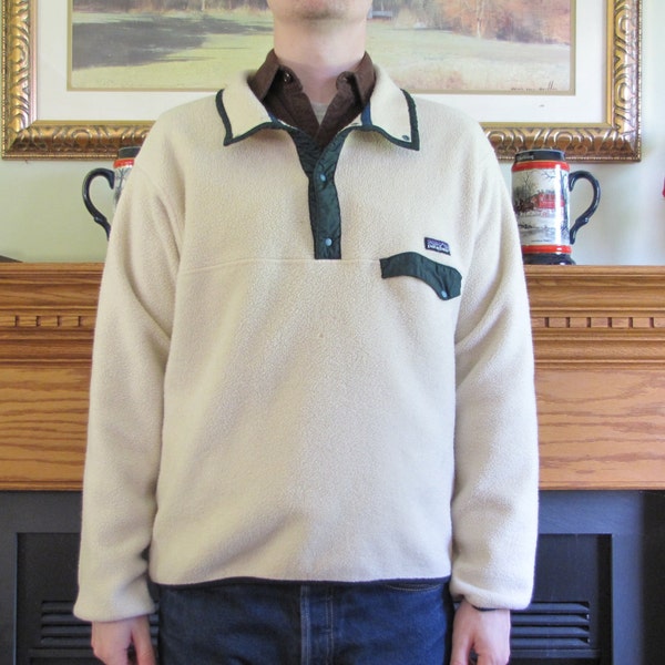 Vintage Patagonia Snap-T Polar Fleece Jacket Pullover Mens Womens Unisex White Cream Green