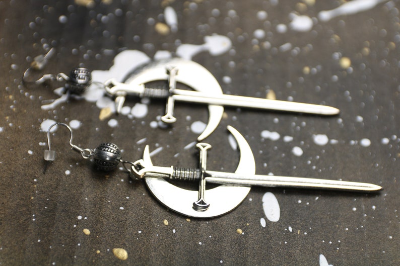 Witch Viking Sword Earrings Moon Fighter Fantasy Wiccan LARP Festival Lolita Nugoth Visual Kei image 3