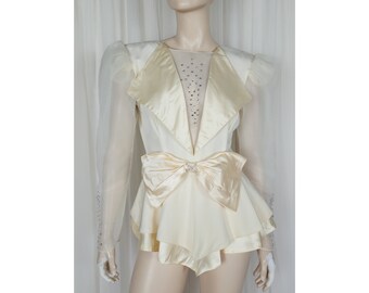 Vtg 80s satin sheer plunge peplum tuxedo evening party top S