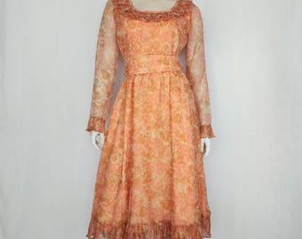 Vtg 60s 70s Victor Costa ruffle pleat floral dress S