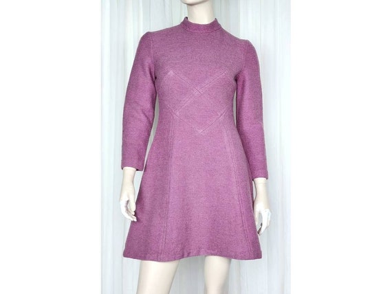 Vtg 60s mod mini dress wool nubby lilac M - image 1