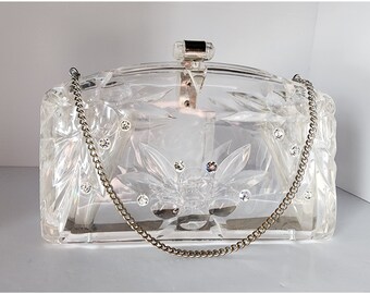 Vtg 1950s MCM clear lucite clutch evening bag with rhinestones