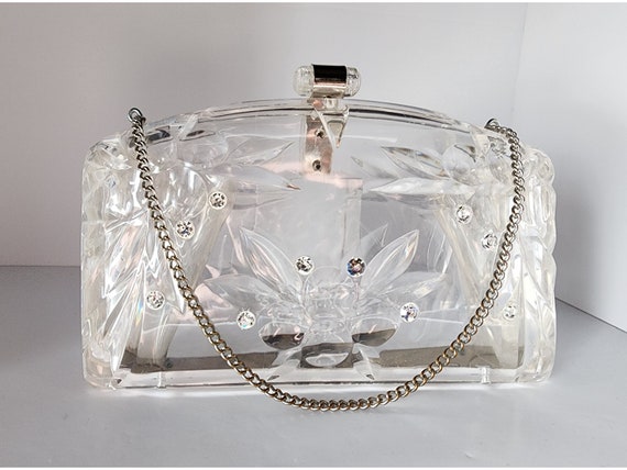 Vtg 1950s MCM clear lucite clutch evening bag wit… - image 1