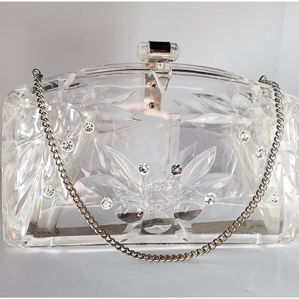 Vtg 1950s MCM clear lucite clutch evening bag with rhinestones