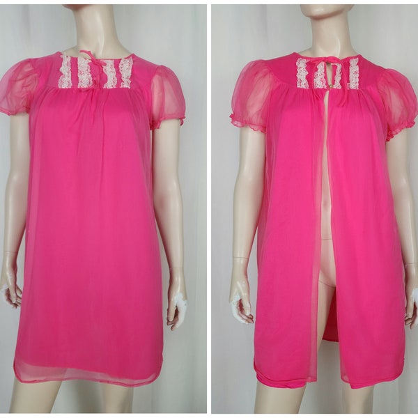 Vtg 60s Canadian Maid peignoir lingerie nightgown robe set pink S/M